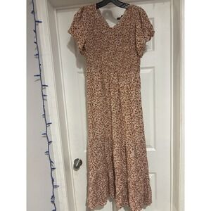 Kranda Women Brown Speckled M Sleeve Tier Peasant Hobo Maxi Dress Tiered Smocked